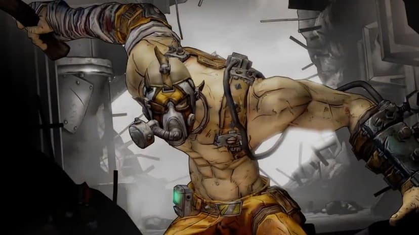 Krieg the Psycho from Borderlands lunges forward wearing a gas mask and orange pants in a ruined landscape.