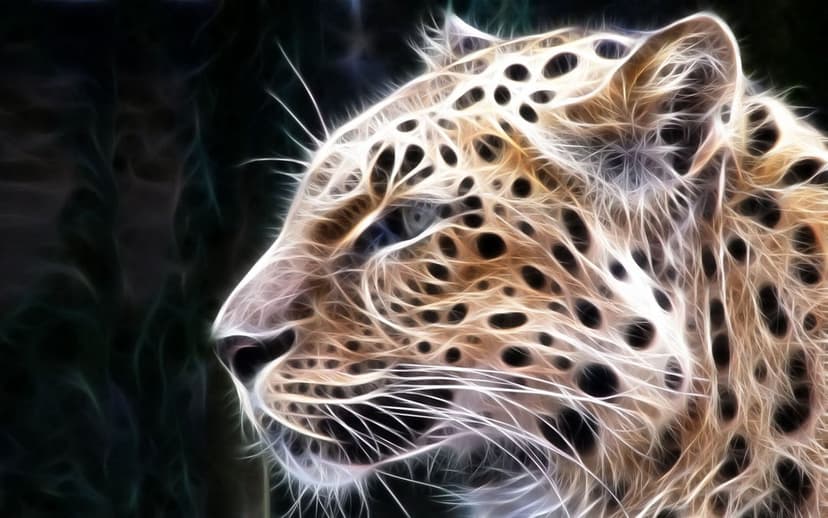 Leopard in profile featuring bioluminescent spots and fractal light patterns against a dark backdrop.