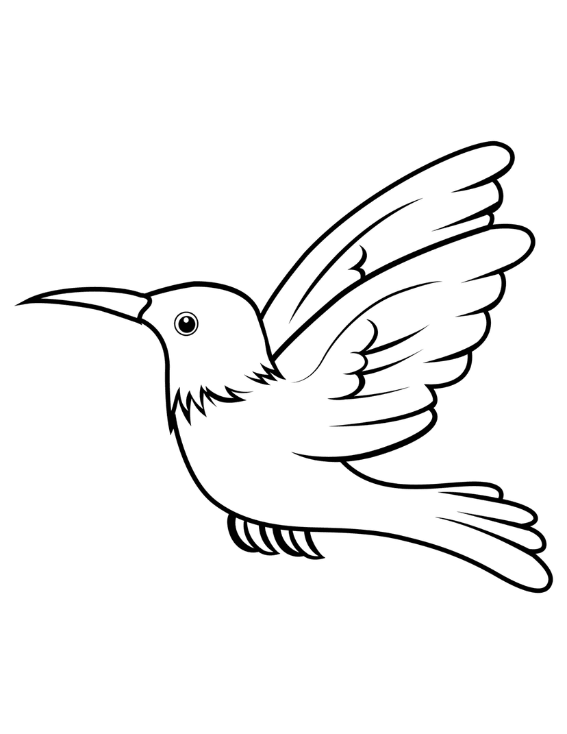 Hummingbird line art profile depicts a small bird in flight with spread wings and a sharp beak in black and white.