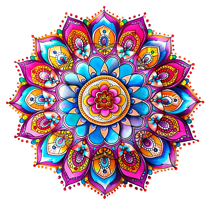 Symmetrical mandala floral design featuring vibrant neon colors and intricate geometric layers on transparent base.