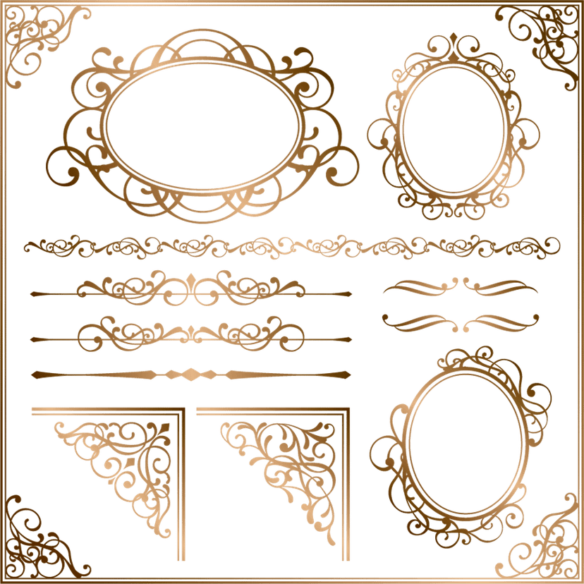 Gold ornament frame highlights a rectangular border with intricate baroque patterns over a deep blue background.