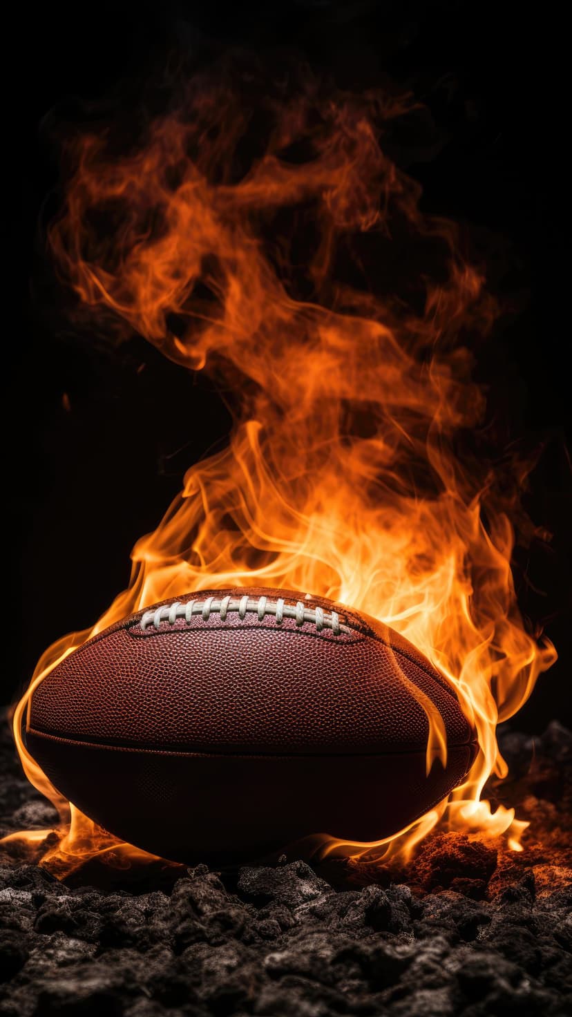 American football engulfed in orange flames and grey smoke against a pitch-black background with glowing embers.