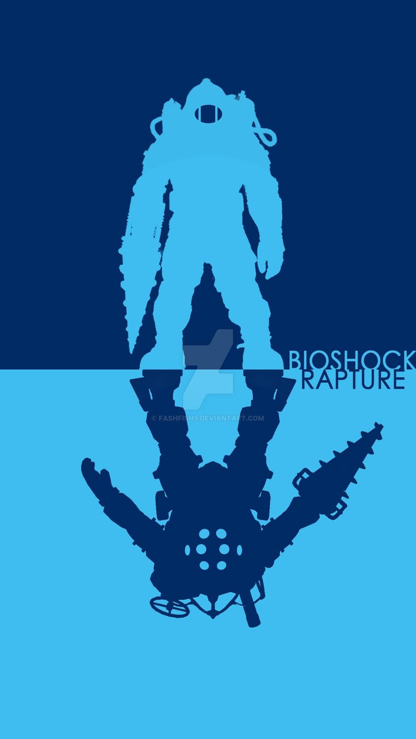 Symmetrical silhouettes of Big Daddy Bouncer and Rosie characters from BioShock in light and dark blue tones.