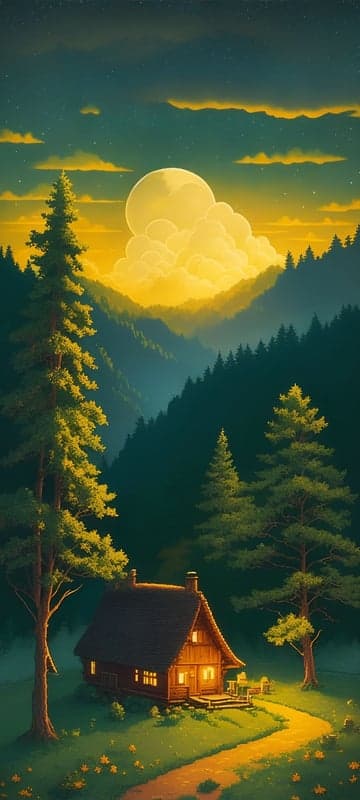 Cozy Cabin Under Moonlit Sky in Pine Forest