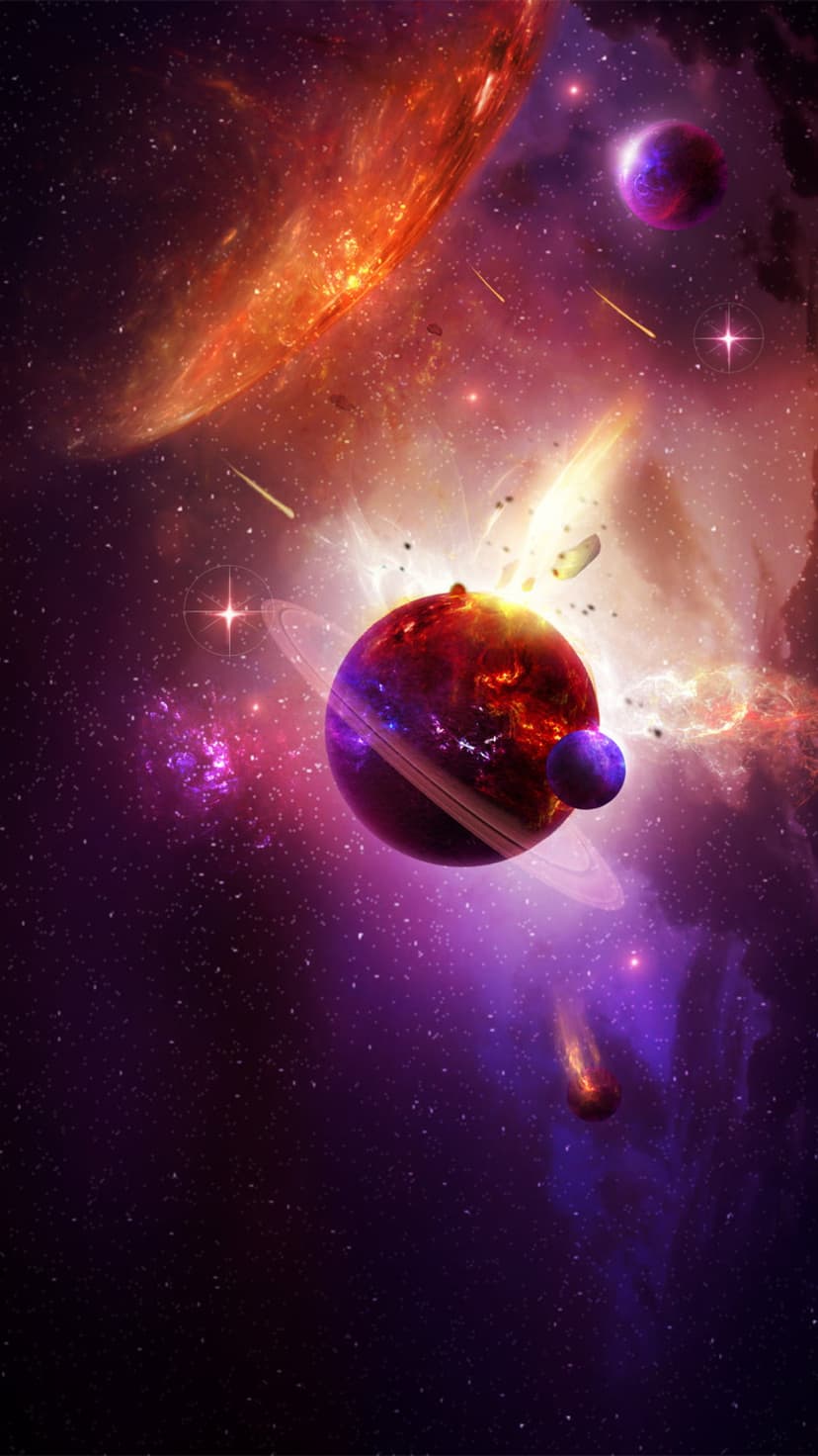 Ringed gas giant and a burning orange planet positioned within purple nebulas and streaks of white meteors.