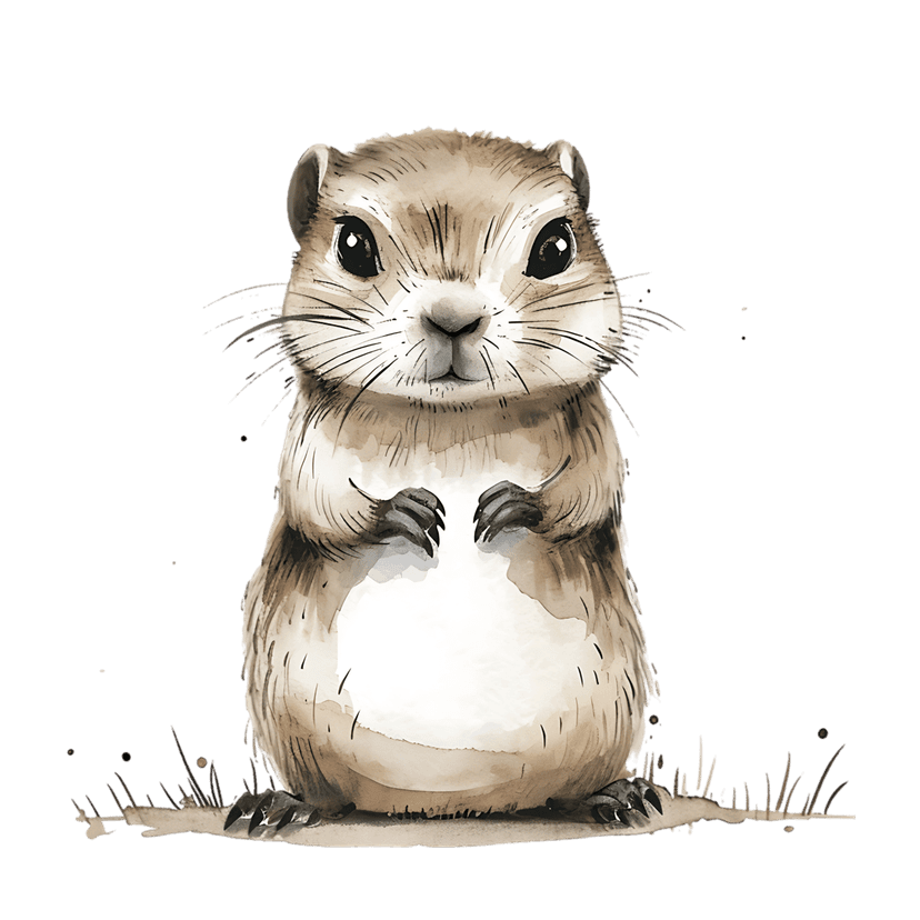 Groundhog watercolor illustration stands upright with detailed brown fur and whiskers against a black background.