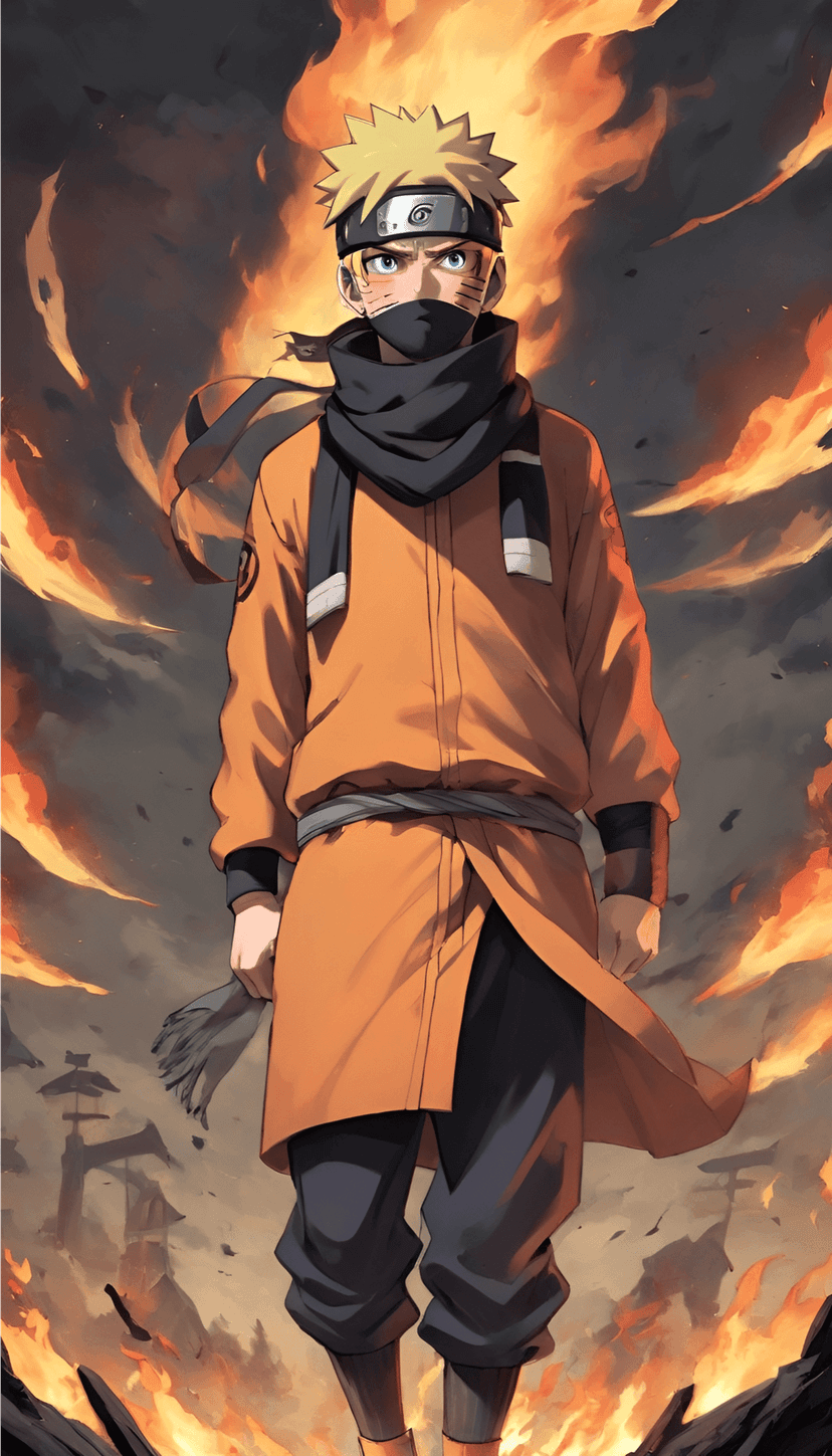 Naruto Uzumaki in his orange outfit stands amidst swirling orange flames and glowing embers on a dark battlefield.