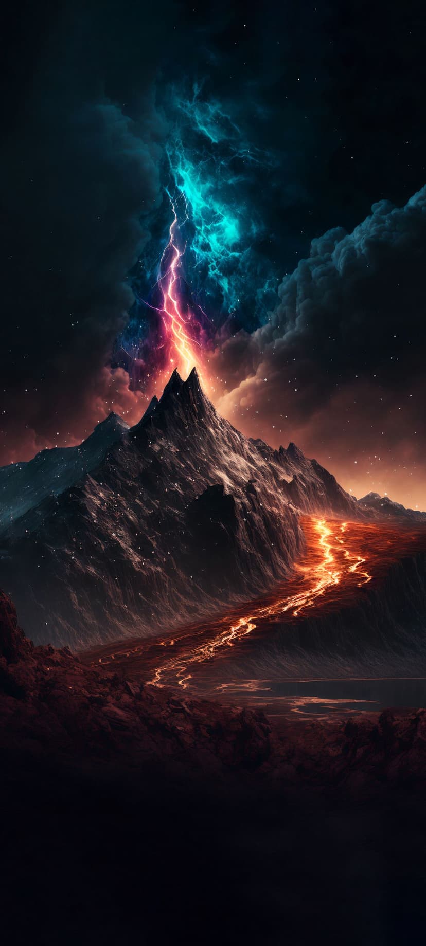 Volcanic peak erupting with glowing orange lava under a night sky filled with blue lightning and distant stars.