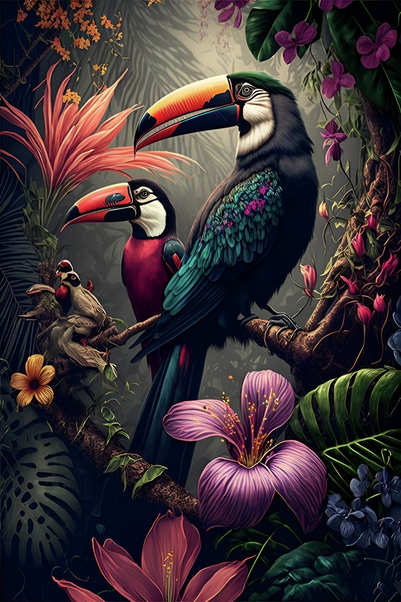 Two toucans with bright orange beaks perch on a branch surrounded by pink hibiscus flowers and large green leaves.