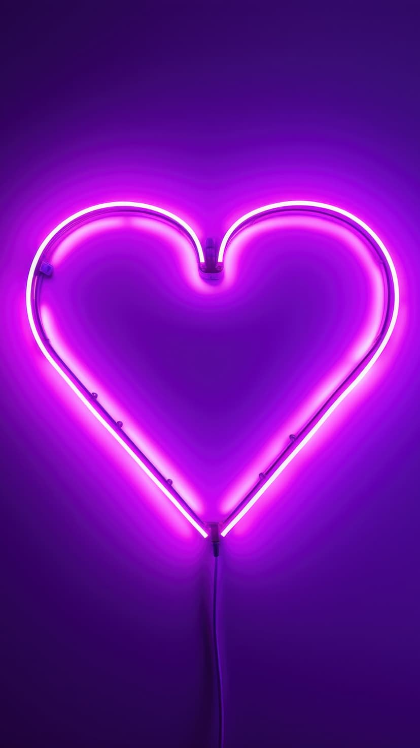 Purple neon heart glowing with intense violet light centered against a dark, atmospheric purple background.