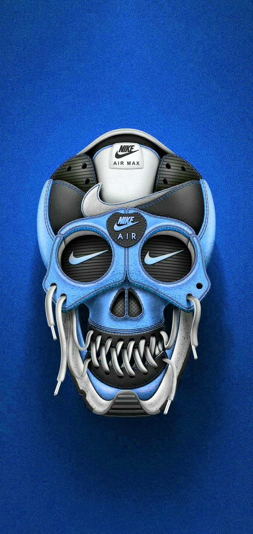 Human skull formed from layered blue and black Nike Air Max sneakers featuring white logos and mesh textures.