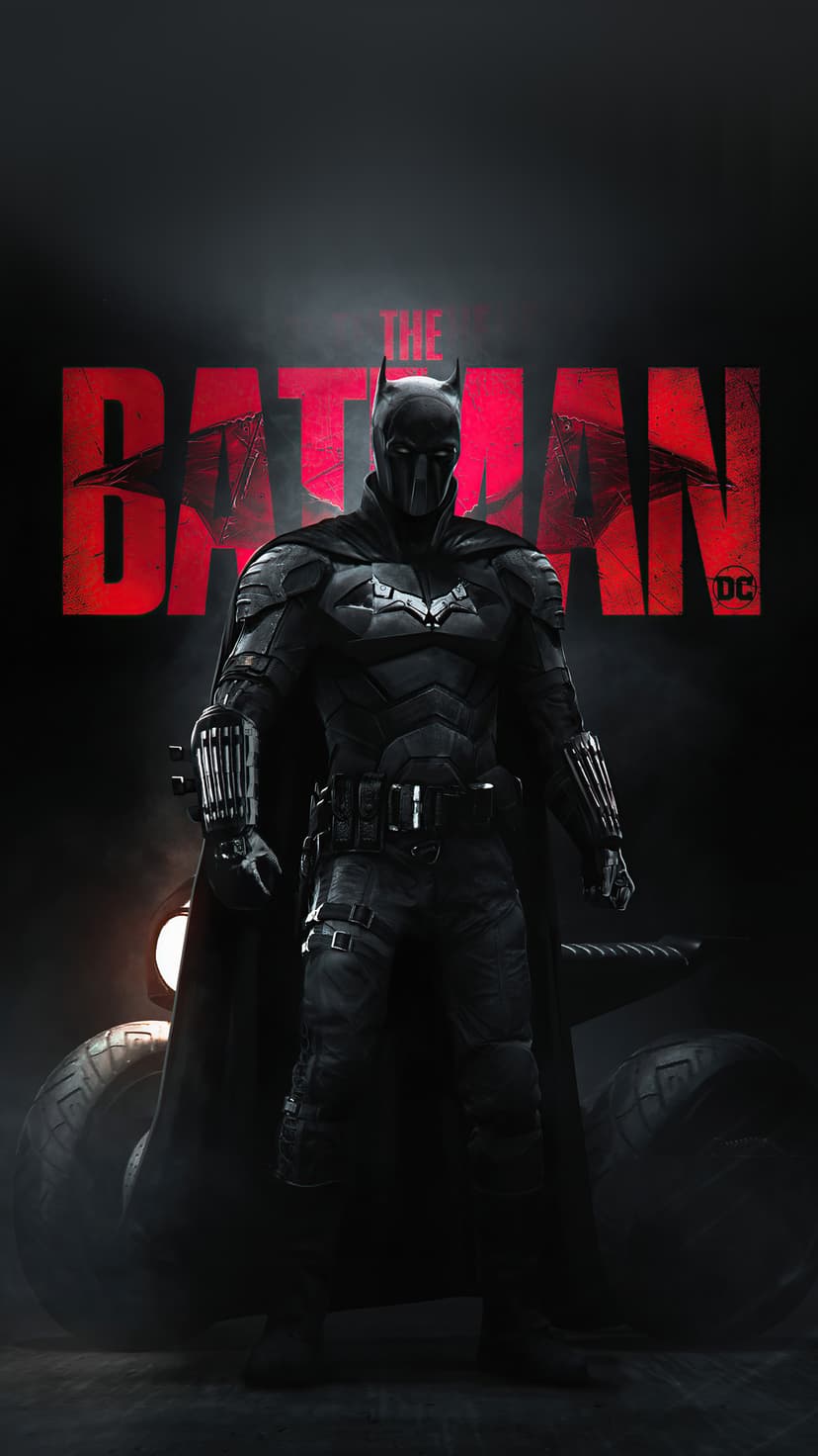 Robert Pattinson as Batman in tactical armor stands before a distressed red logo with a glowing motorcycle lamp.