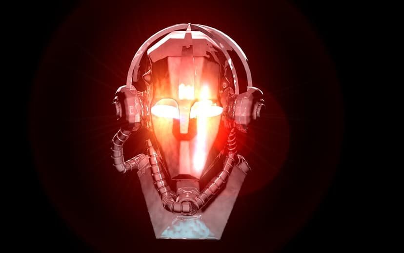 Robotic head with glowing red eyes and black headphones on a dark background with cinematic lens flares.
