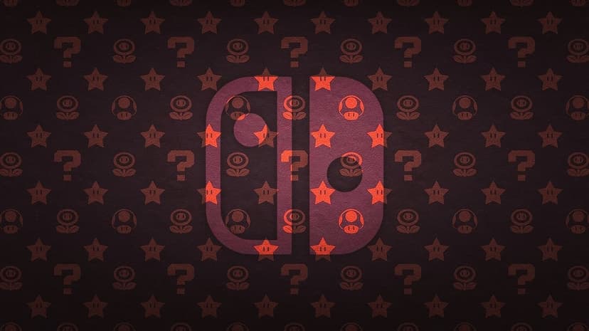 Red Nintendo Switch logo centered over a dark maroon pattern of Mario power stars, mushrooms, and fire flowers.