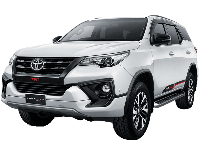 Toyota Fortuner TRD Sportivo SUV showcasing detailed headlamps and glossy metallic body on a clear background.