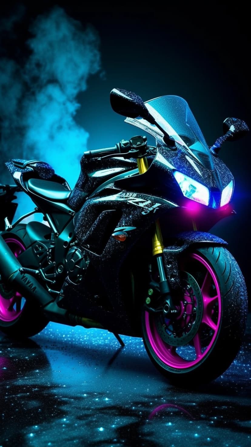 Black sportbike with glowing pink rims sits on a wet road amidst swirling smoke and neon blue lighting.