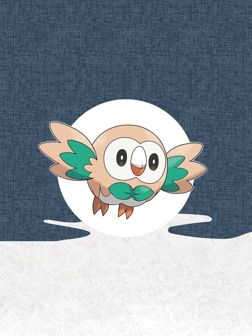 Rowlet Pokémon flying inside a white circle centered against a textured navy blue and white background scene.