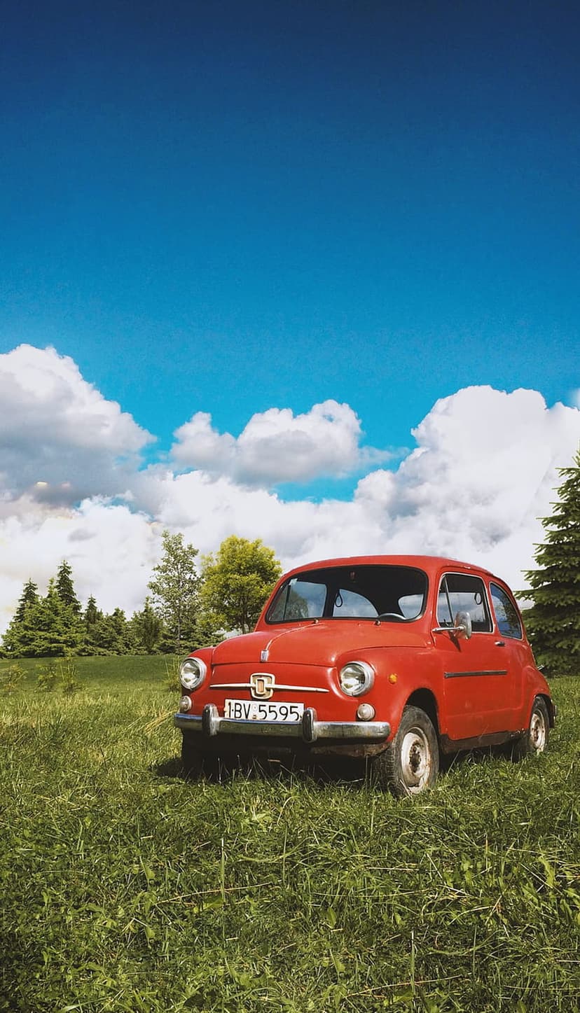 Red Fiat 600 vintage car parked on a green meadow under a bright blue sky with scattered white cumulus clouds.