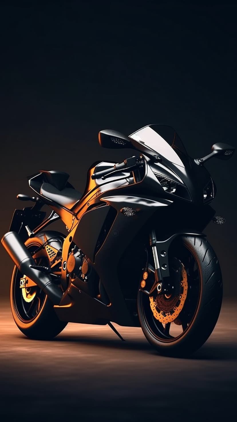 Black sportbike motorcycle illuminated by warm amber lighting against a dark, minimalist studio background.