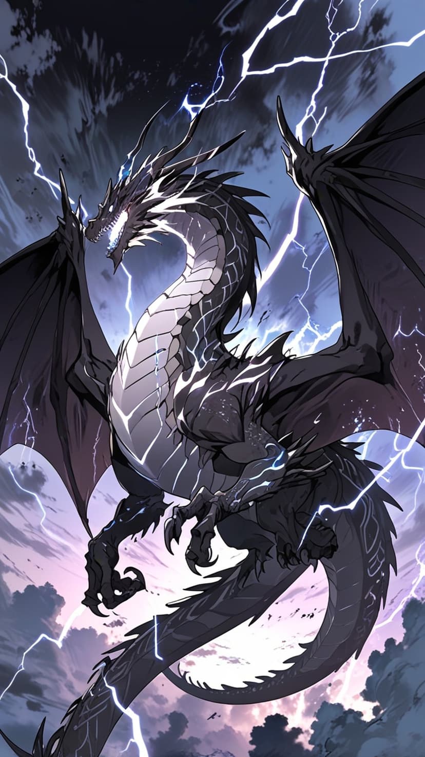 Black dragon with spread wings flies through a dark sky illuminated by bright white jagged lightning bolts.