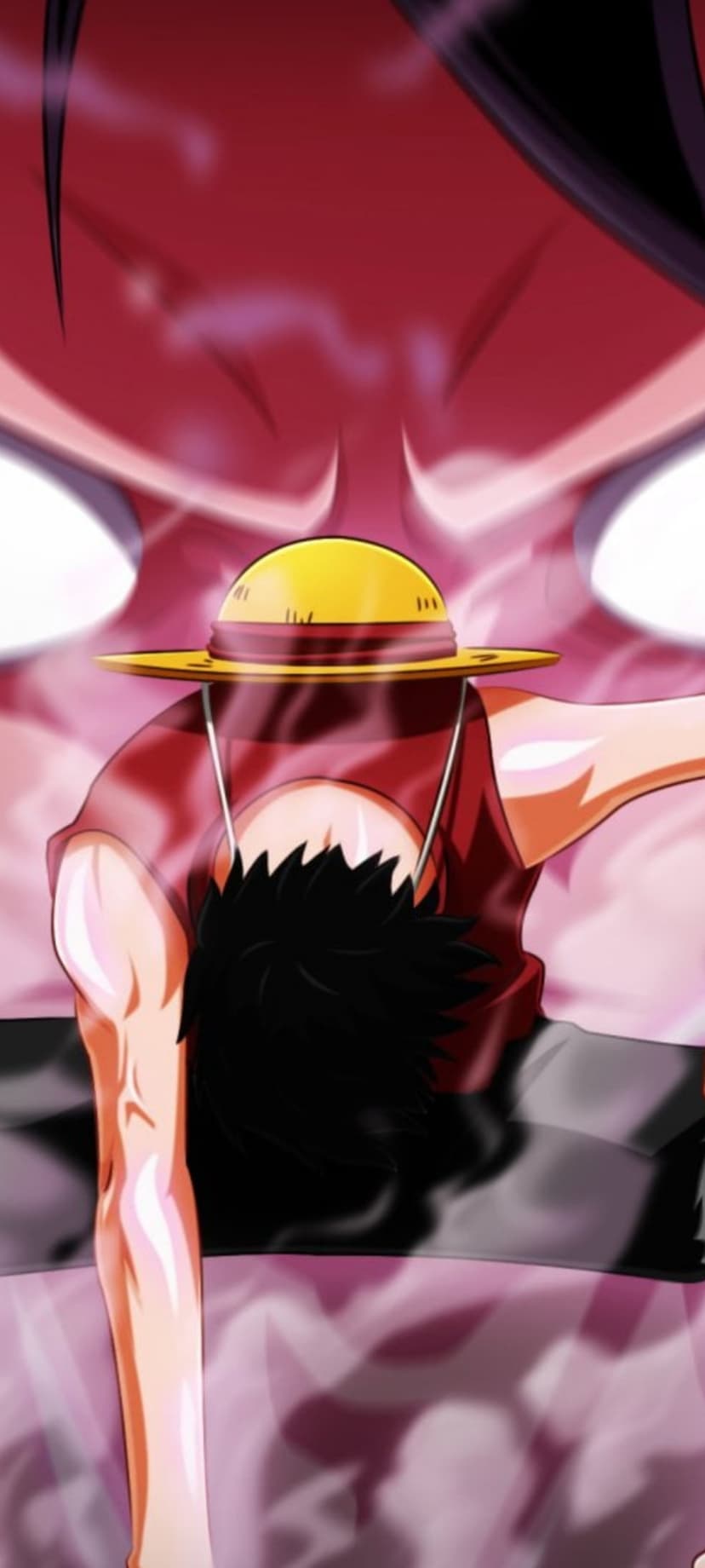 Luffy in a red vest and straw hat gathers glowing energy for a punch against a dark battle background.