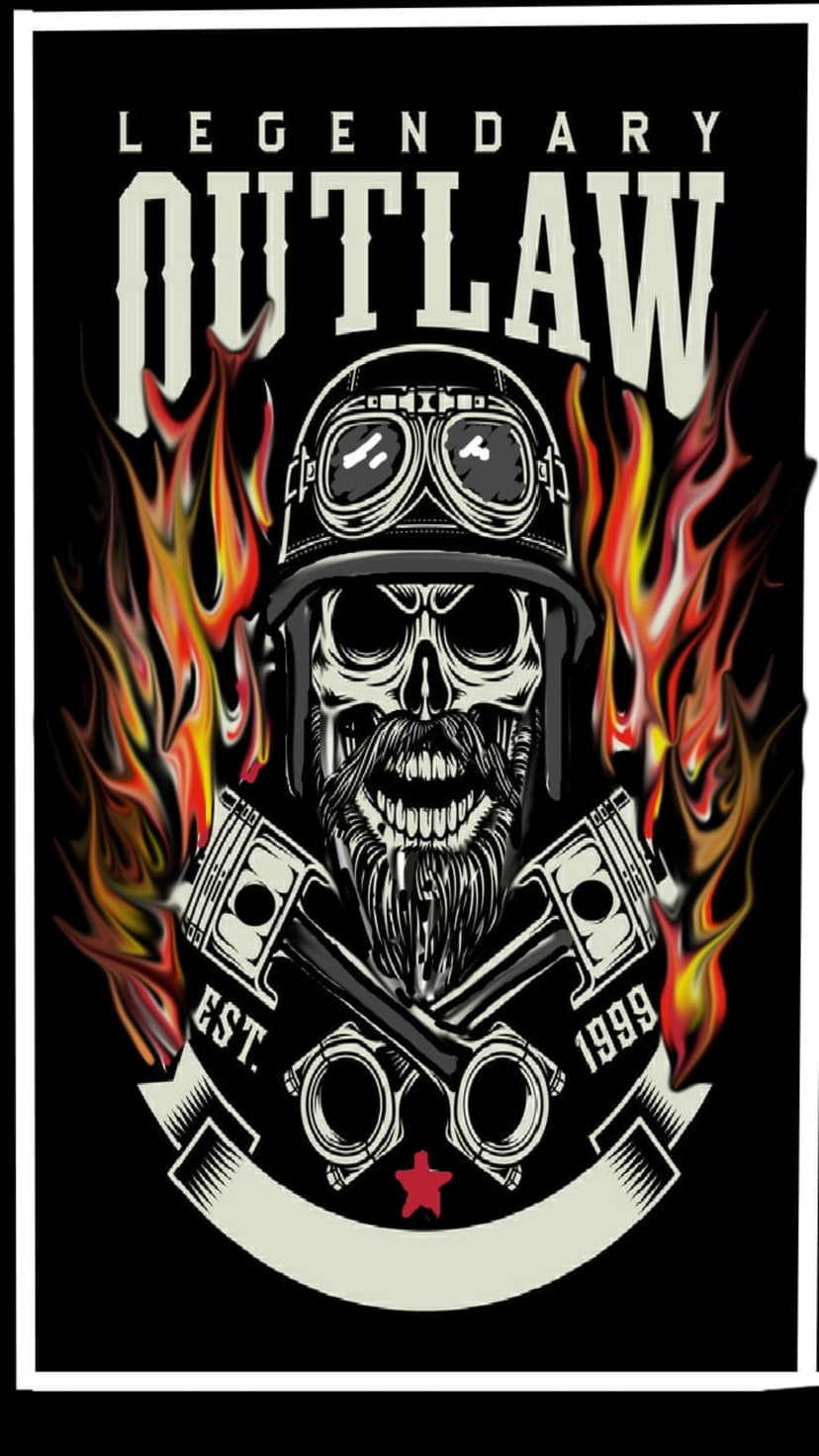 Biker skull wearing a helmet and goggles centered between crossed pistons and intense orange flames.