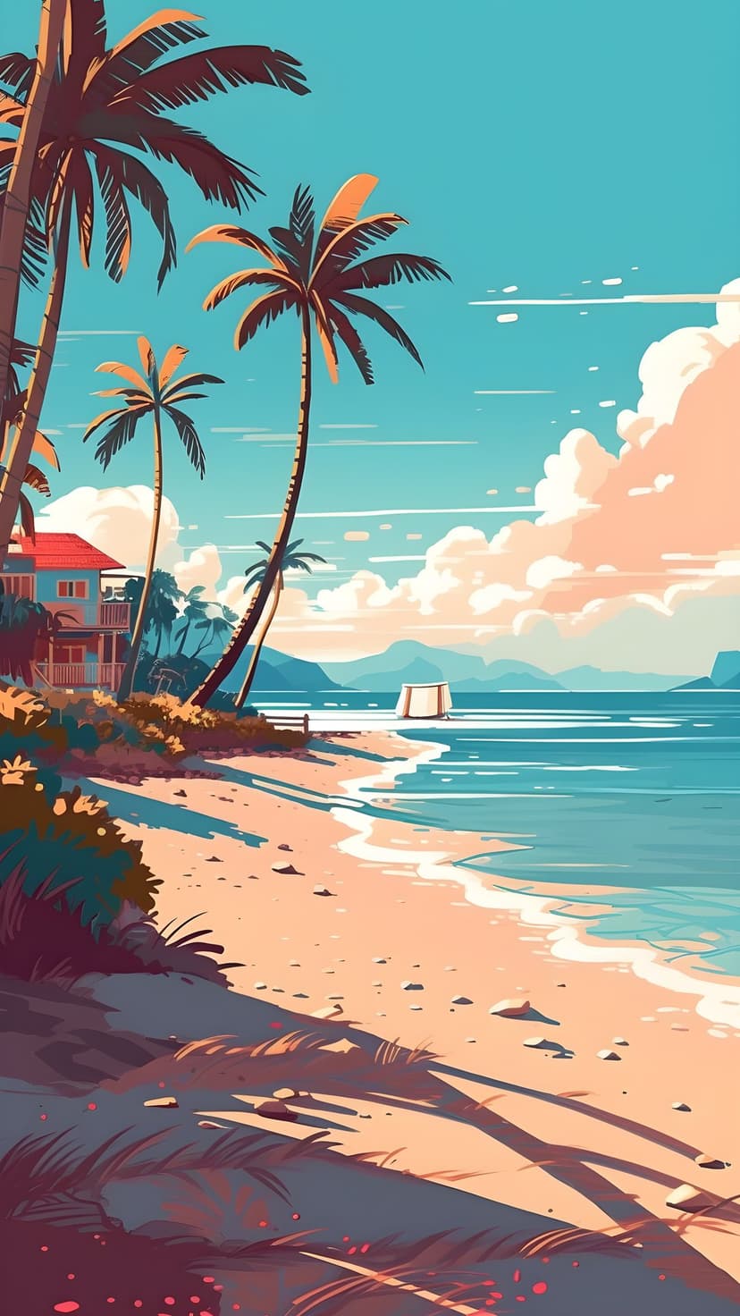 Two tall palm trees lean over a white sand beach near a turquoise ocean with a distant island and blue sky.