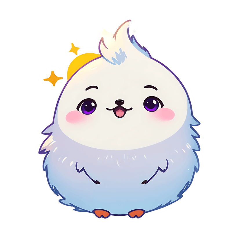 Avian creature sticker featuring white and blue gradient fur, purple eyes, and yellow stars on a plain background.