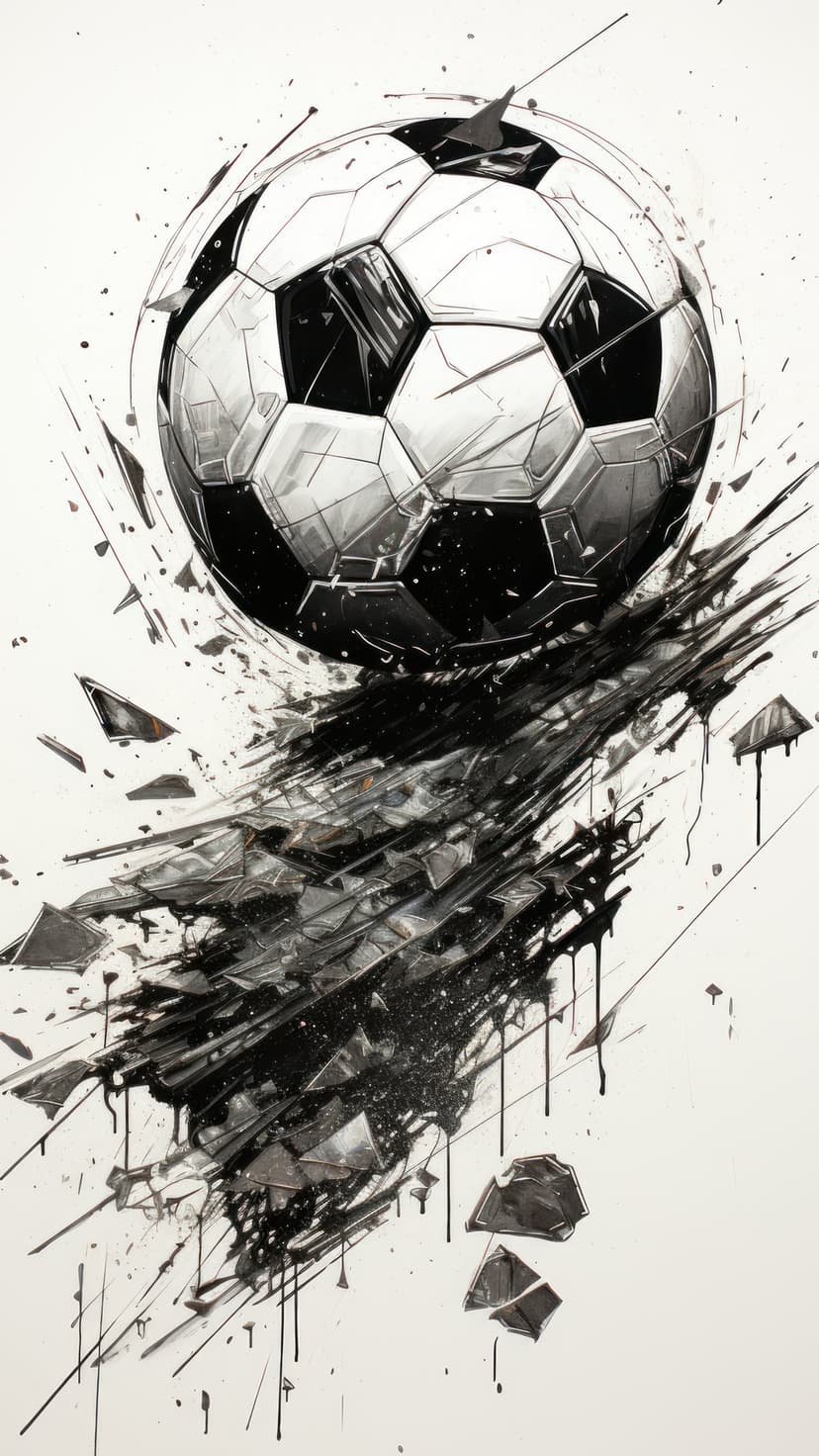 Soccer ball exploding into black ink splatters and sharp geometric shards against a clean white background.