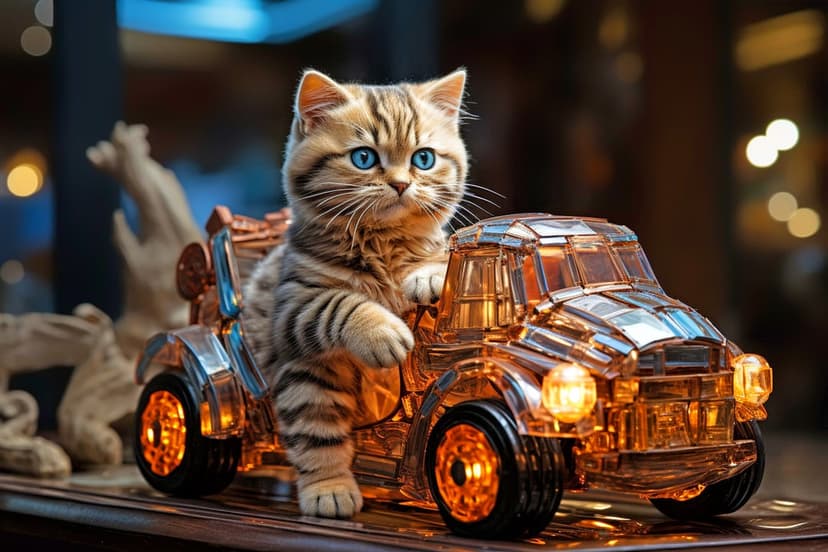 Tabby kitten with blue eyes sitting inside a clear orange toy car under warm, soft ambient lighting.