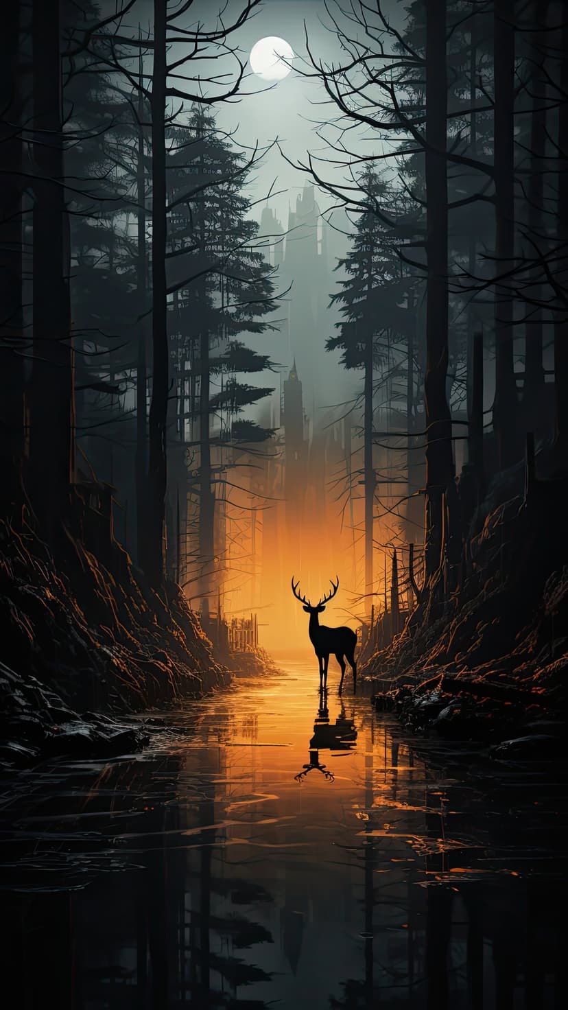 Silhouetted stag in a forest clearing facing a glowing distant castle under a pale moon and misty night sky.