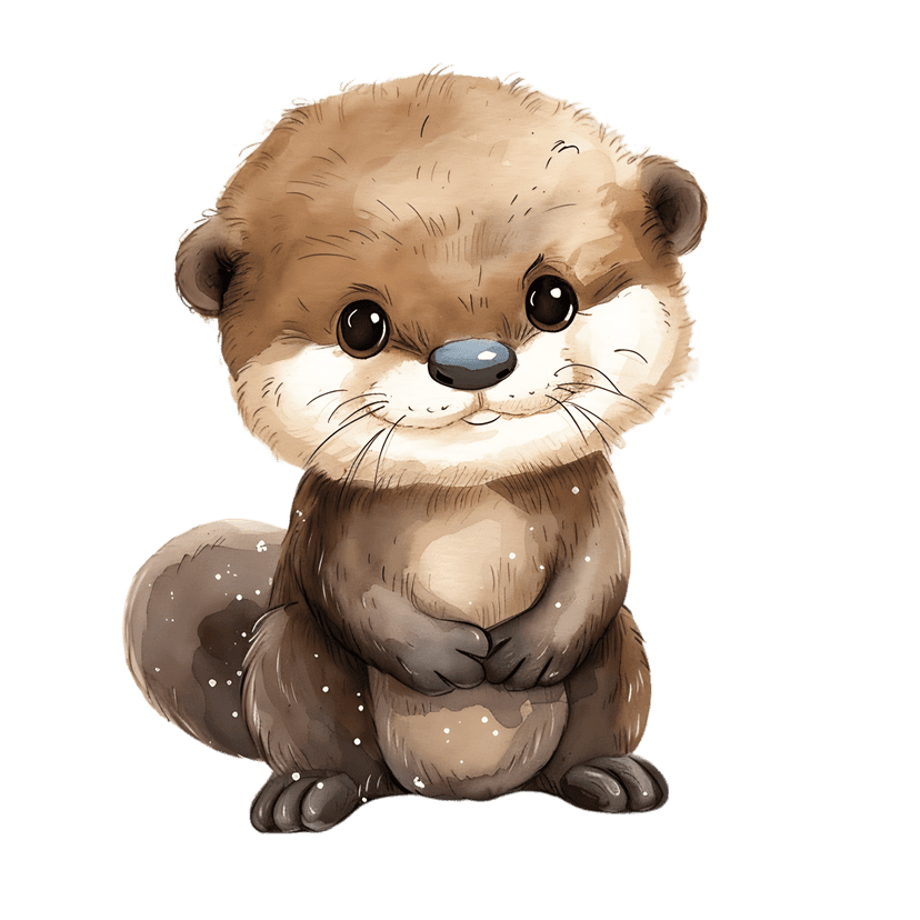 Watercolor otter illustration featuring brown textured fur and large eyes set against a dark black background.