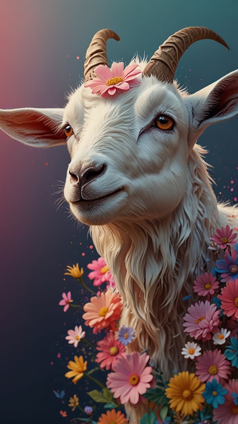 White goat with a pink daisy on its head and a colorful flower wreath around its neck against a blue background.