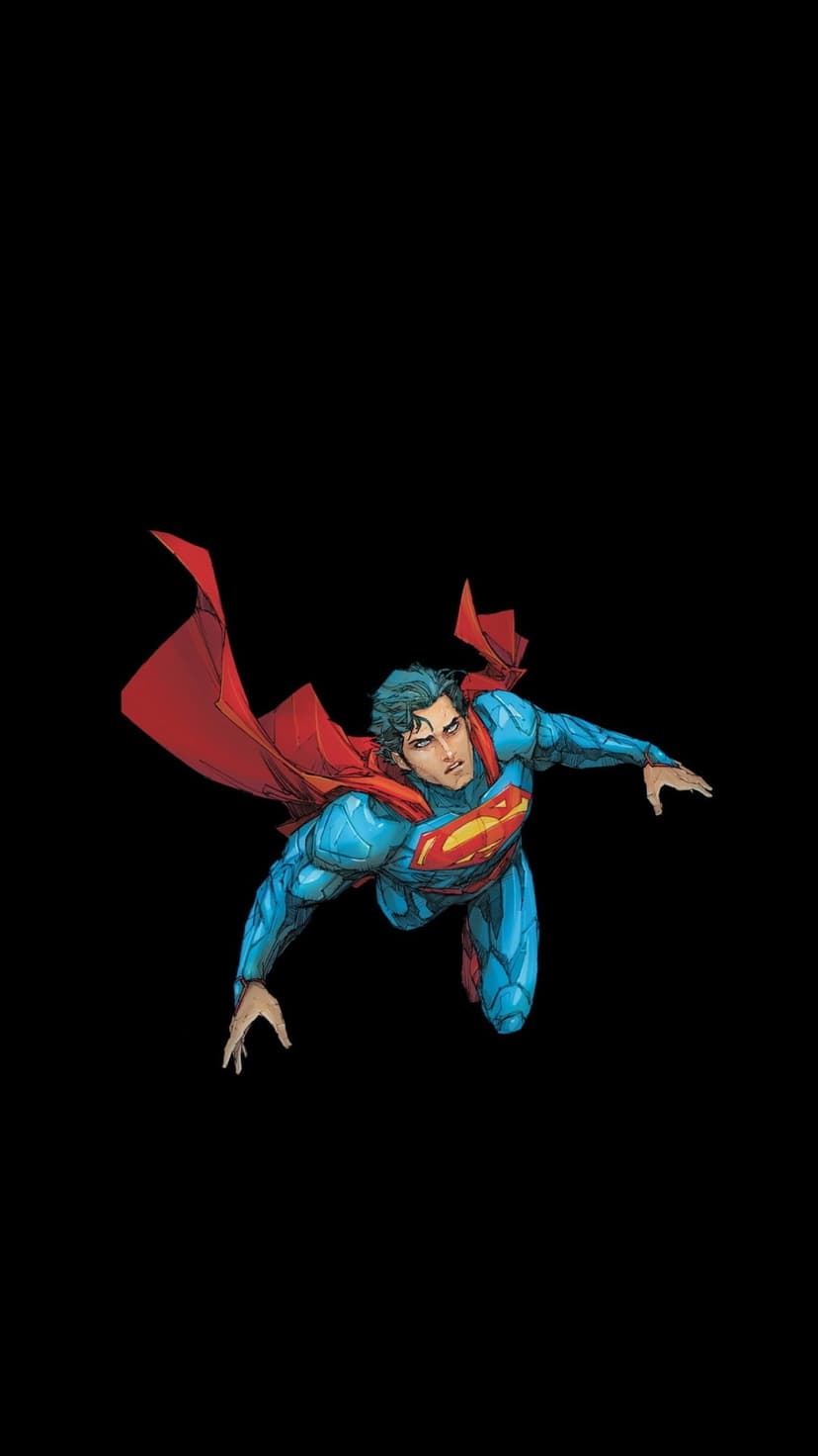 Superman flies with an outstretched arm wearing a blue suit and red cape against a solid black background.