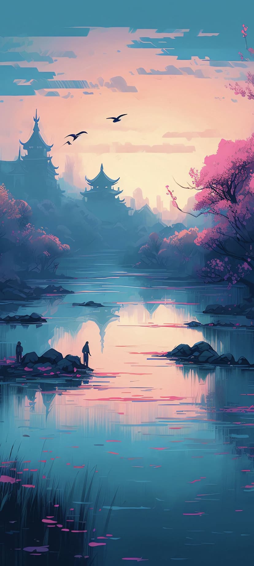 Japanese pagodas and pink cherry blossoms stand by a calm river at sunset with silhouettes on the grassy bank.