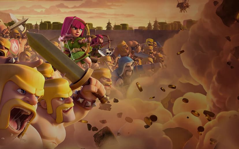 Barbarians and archers charge through dust and gold coins in a cinematic gaming battle scene with warm lighting.
