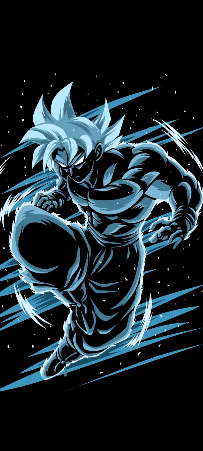 Goku stances mid-fight while glowing with a neon blue energy aura and showcasing muscular definition.