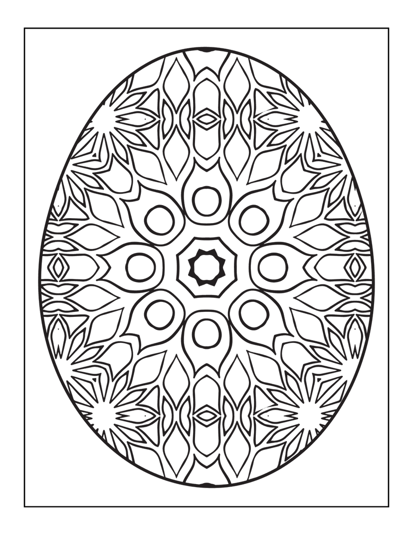 Mandala egg outline features intricate floral patterns and symmetrical geometric shapes in high contrast white lines.