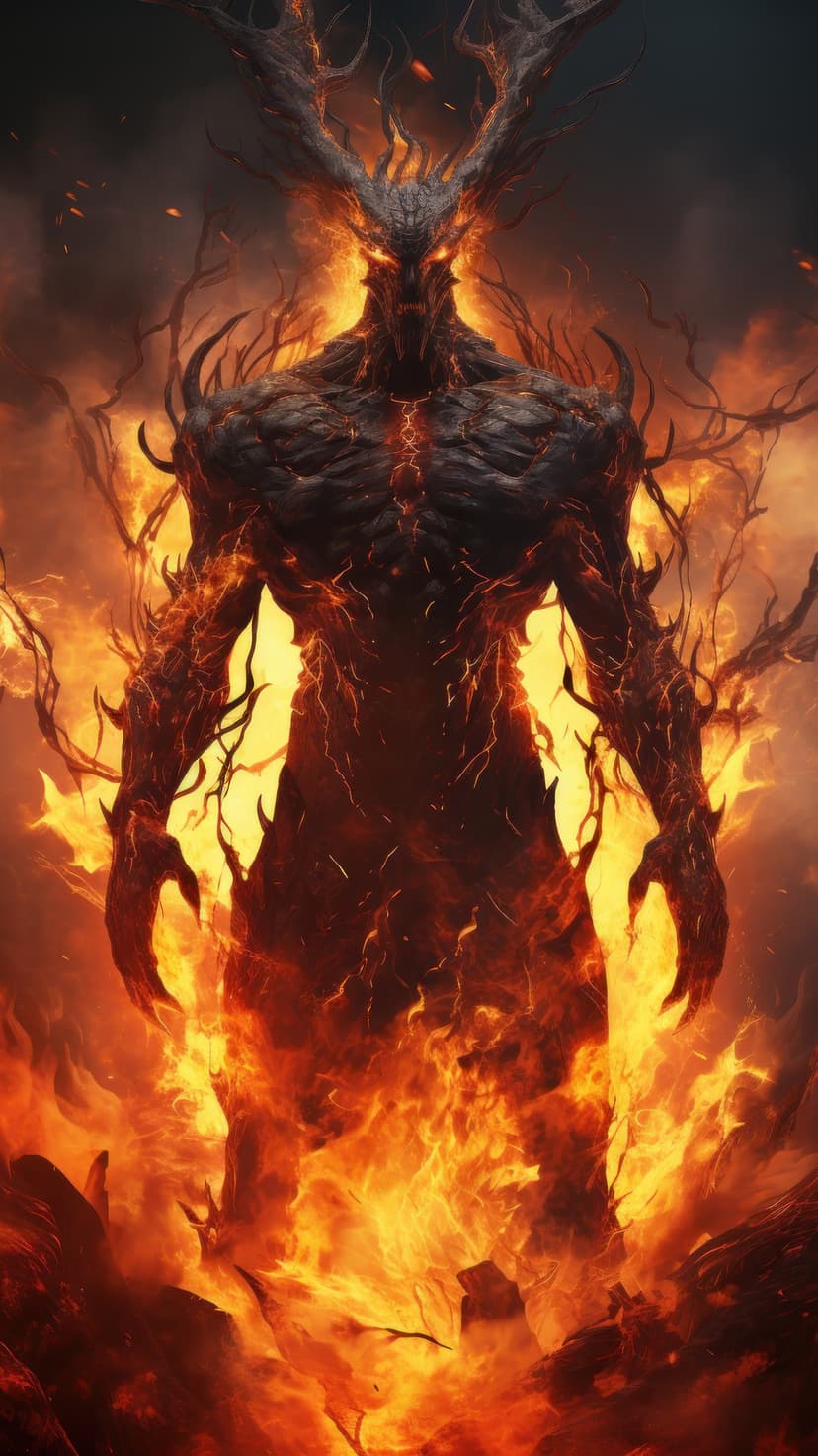 Antlered demonic figure with charred skin and glowing eyes stands amidst roaring orange flames and thick smoke.