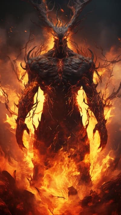 Fiery Demonic Figure with Antlers Amidst Flames