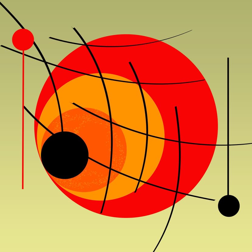 Concentric red circles and thin black lines overlap on a yellow-green gradient with two dark floating spheres.