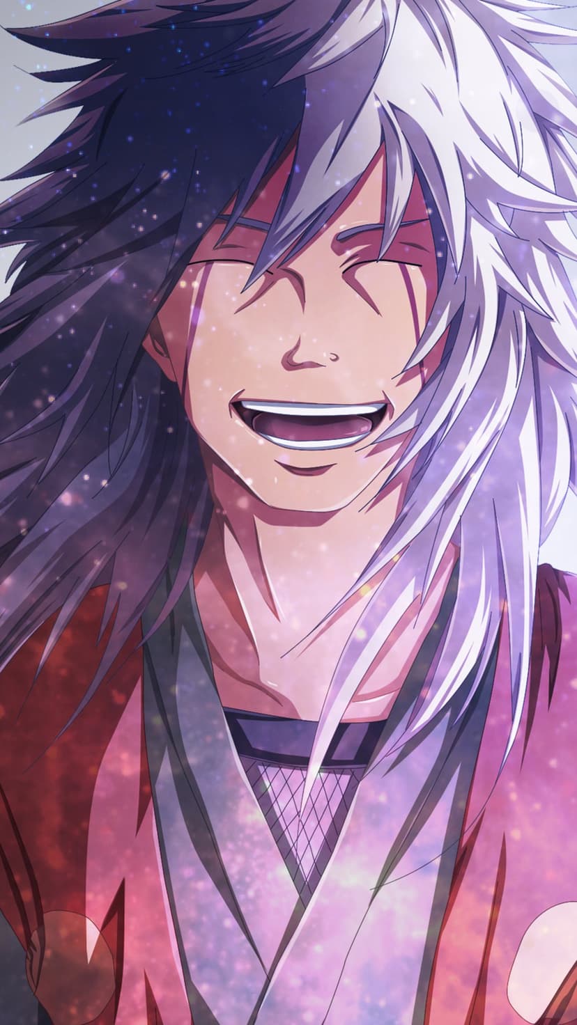 Jiraiya with long white hair and red facial markings grins with closed eyes amidst glowing golden particles.