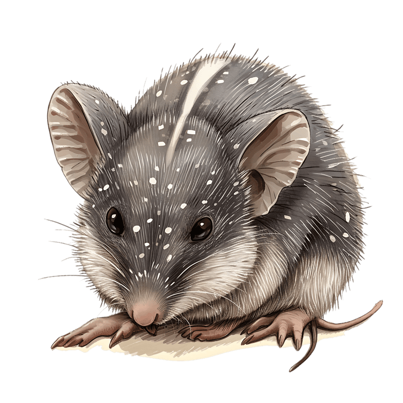 Spiny rat rodent profile featuring a white dorsal stripe and speckled fur texture on a solid black background.