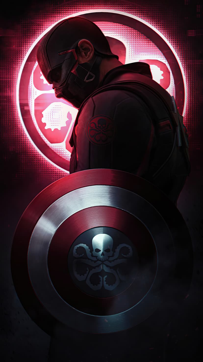 Hydra soldier in tactical armor standing behind a Captain America shield featuring a red skull logo and tentacles.