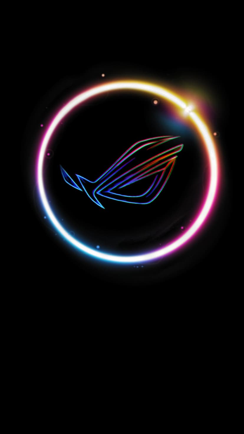 ROG logo glowing with blue and orange neon light inside a circular frame on a dark black background.