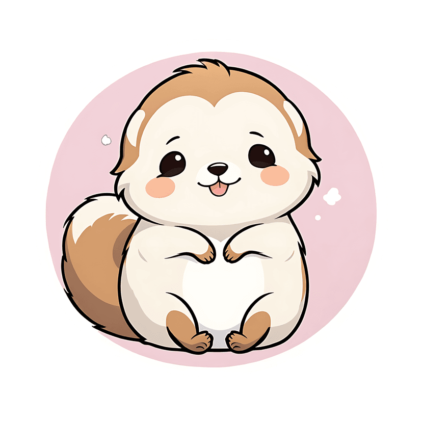 Cream squirrel vector sticker sits front-facing with large black eyes and a pink circular background frame.