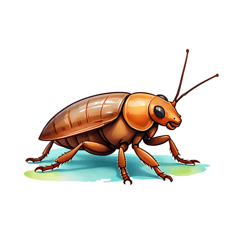 Cockroach sticker illustration showing a brown insect with orange shell highlights and long antennae in profile.