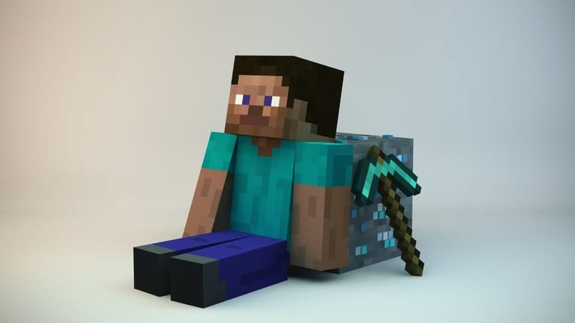Steve from Minecraft sits against a diamond ore block next to a diamond pickaxe in a clean minimalist 3D render.
