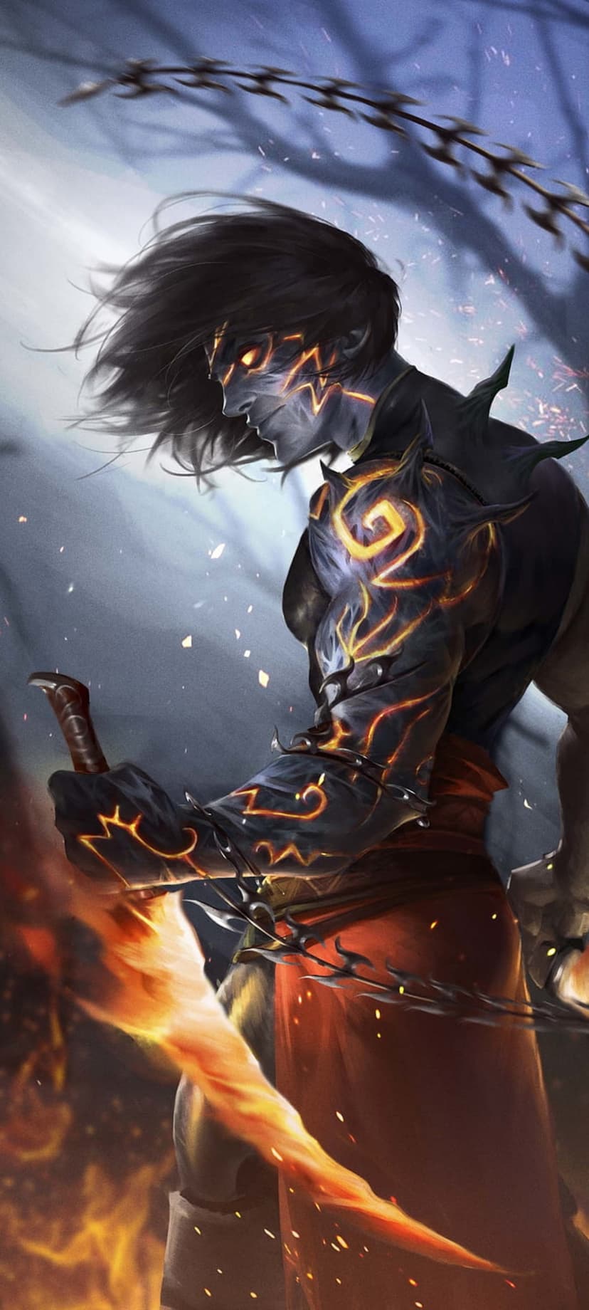 Warrior with glowing orange skin markings holds a flaming sword amidst floating embers and dark smoke.