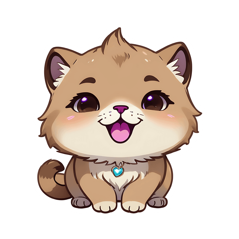 Light brown kitten sticker with purple eyes, blue heart collar, and white outline on a plain background.